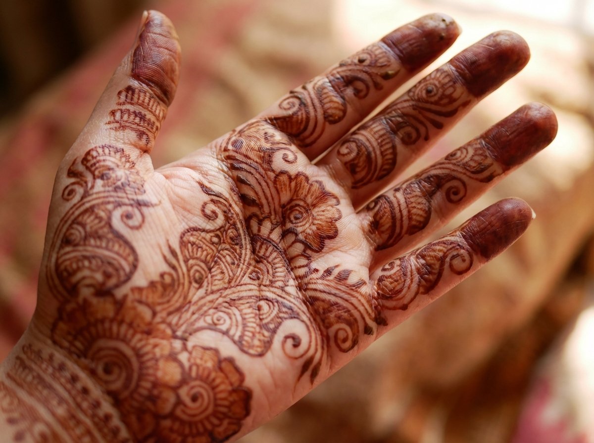 Traditional henna mehndi design on a hand — reddish-brown natural stain
