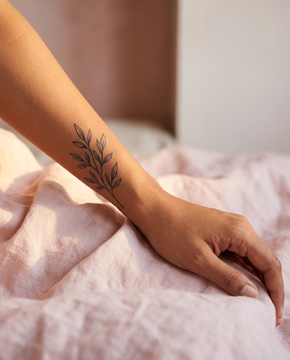 Close-up of a jagua temporary tattoo on a forearm — realistic blue-black ink on warm skin