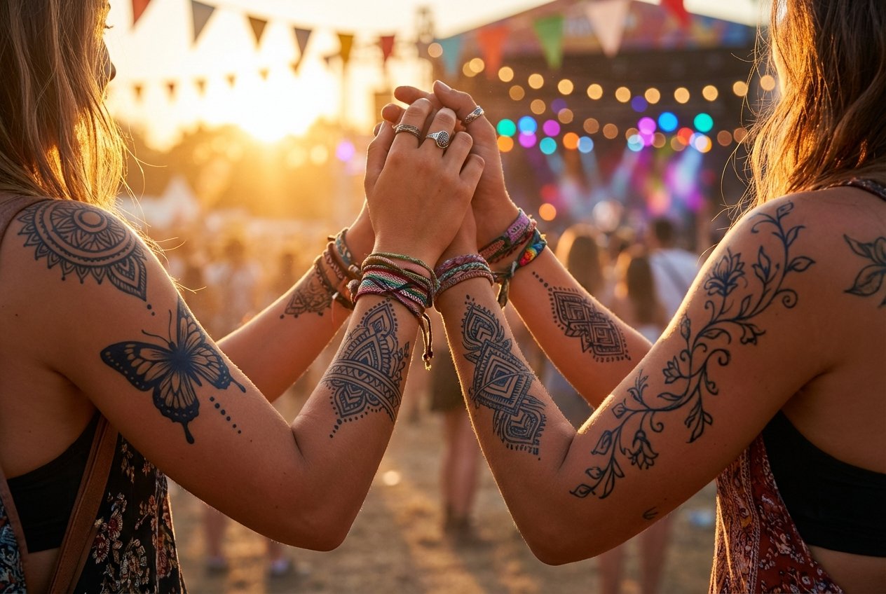 Multiple jagua tattoos on arms at an outdoor festival — warm golden light