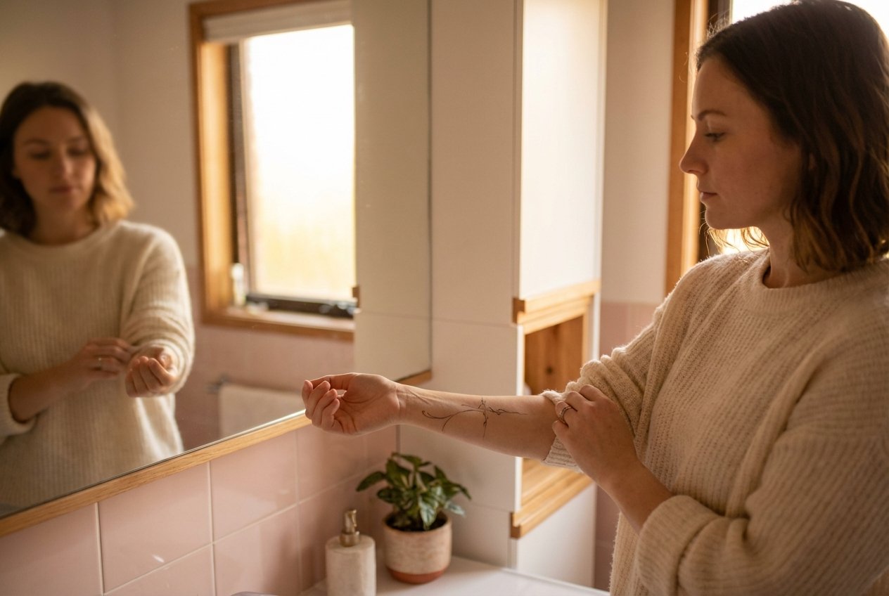 Woman looking at a temporary tattoo on her arm in front of a mirror